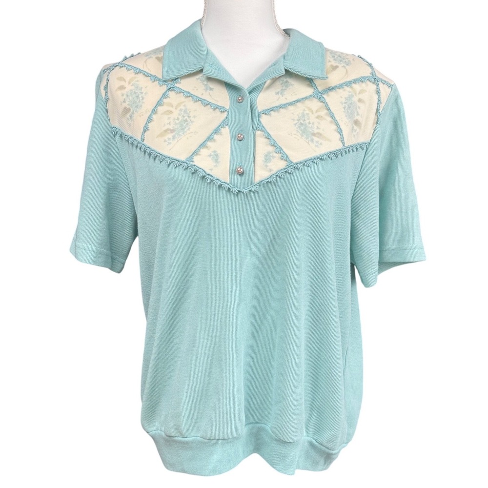 Teddi XL Mint Green Lace Yoke Polo Top Cottagecore Y2K Blouse